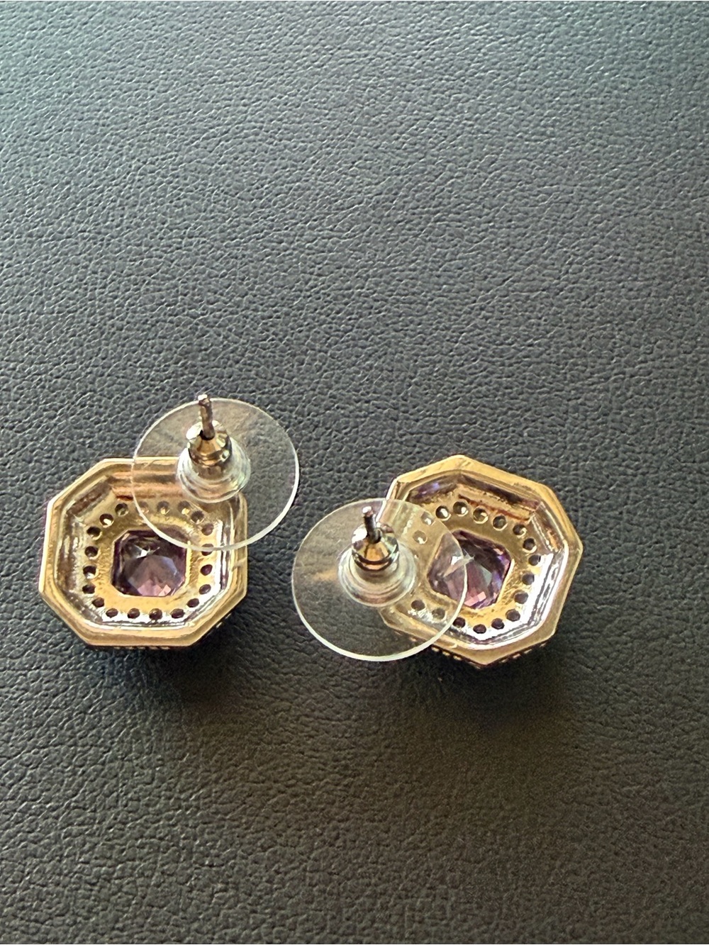 Vintage Purple Amethyst & Sterling Silver Octagon Crystal Stud Earrings - Picture 2 of 3